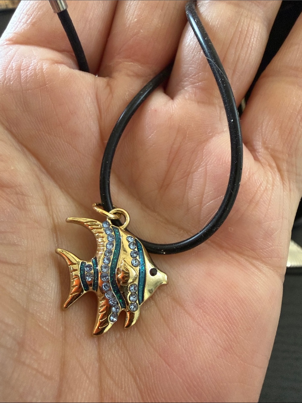 Hand Crafted Gold and Blue Rhinestone Fish Pendant Necklace